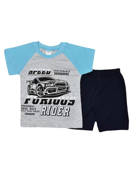 Бебешки летен комплект с картинка кола в светло синьо Бебешки летен комплект с картинка кола в светло синьо