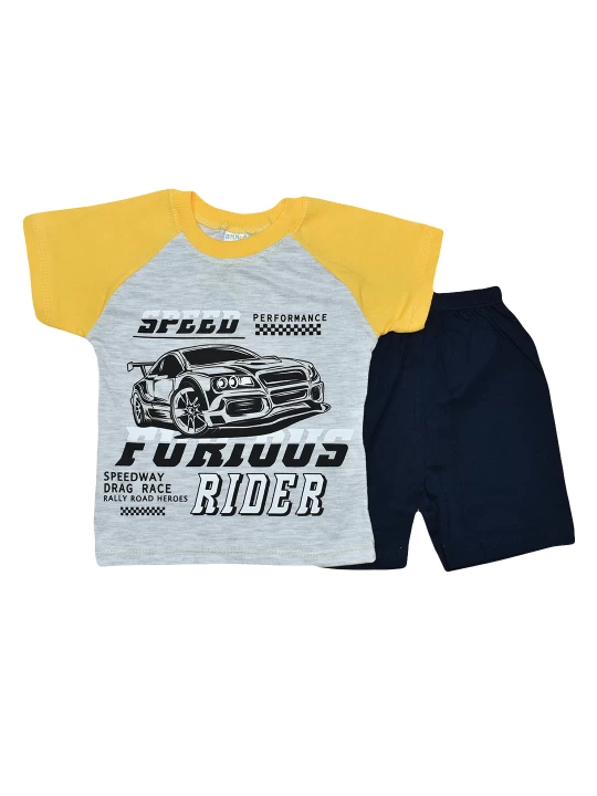 Бебешки летен комплект за момче със спортна кола в жълто Бебешки летен комплект за момче със спортна кола в жълто