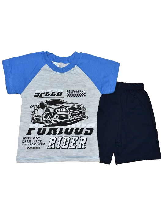 Летен бебешки комплект за момче с апликация кола в синьо Летен бебешки комплект за момче с апликация кола в синьо