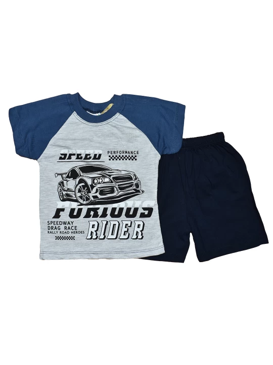 Летен бебешки комплект за момче с апликация кола в тъмно синьо