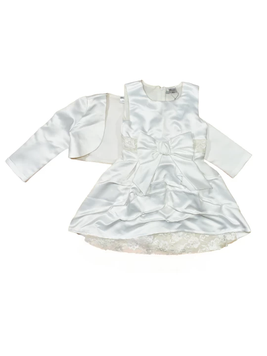 Официална бебешка рокля за момиче с болеро в бяло и панделка Официална бебешка рокля за момиче с болеро в бяло и панделка
