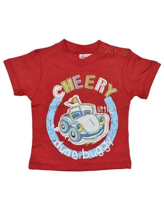 Модерна червена тениска за момче със забавна картинка на количка Модерна червена тениска за момче със забавна картинка на количка