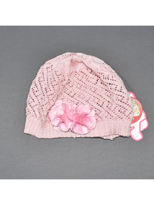 Нежна бебешка шапка за момиче - Розово фино памучно плетиво на дупчици Нежна бебешка шапка за момиче - Розово фино памучно плетиво на дупчици