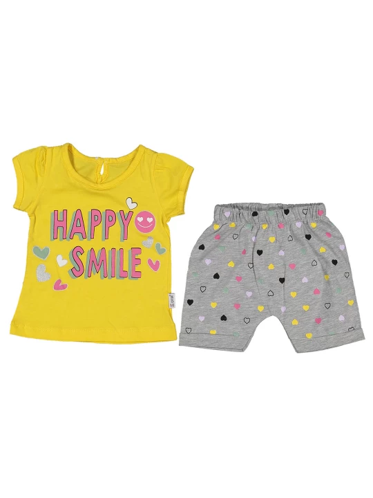 Радостен летен комплект за момичета - Жълта тениска с надпис и сърчица, светло сиви панталонки със сърца