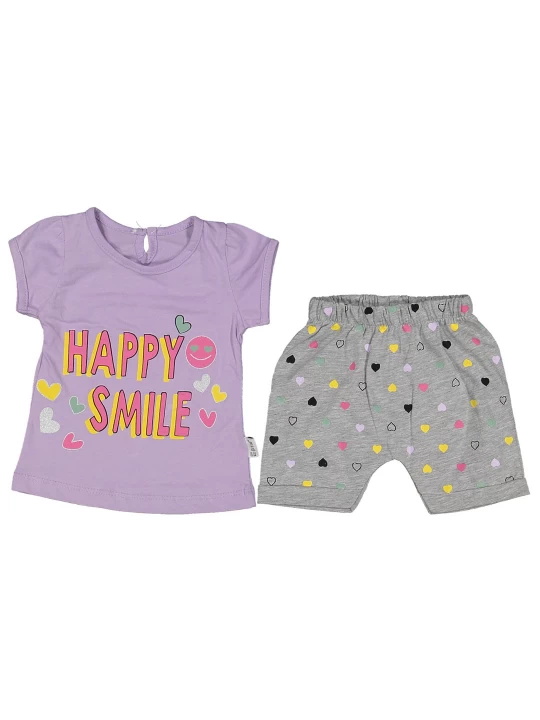 Сладък бебешки комплект за момиче - Лилава тениска и светло сиви панталонки със сърца Сладък бебешки комплект за момиче - Лилава тениска и светло сиви панталонки със сърца
