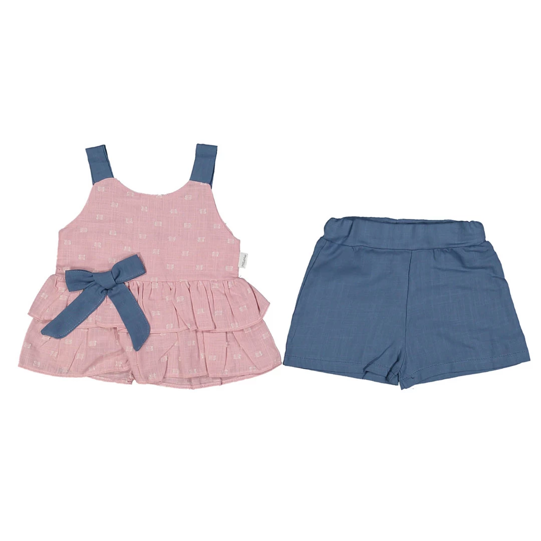 Стилна бебешка туника и панталонки за лято - Розово и синьо съчетание Стилна бебешка туника и панталонки за лято - Розово и синьо съчетание