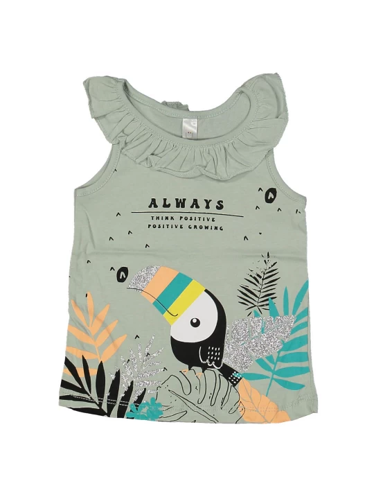Стил и природна красота - Детски потник в маслено зелено с апликация на Тукан и листа Стил и природна красота - Детски потник в маслено зелено с апликация на Тукан и листа