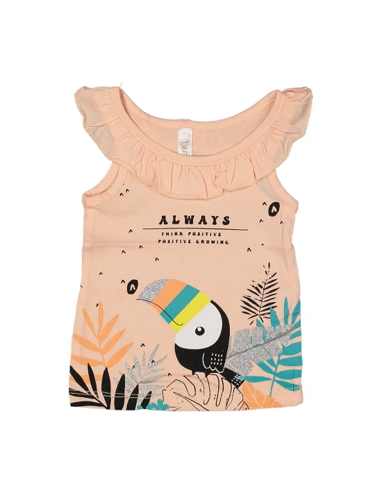 Удобство и естественост - Детски потник в бежово с апликация на Тукан и листа Удобство и естественост - Детски потник в бежово с апликация на Тукан и листа