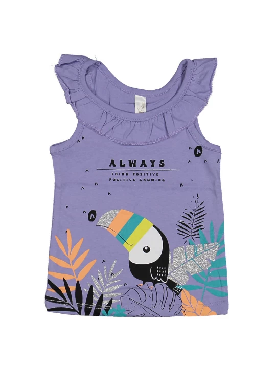Усмихната игра на цветовете - Детски потник в лилаво с апликация на Тукан и листа Усмихната игра на цветовете - Детски потник в лилаво с апликация на Тукан и листа