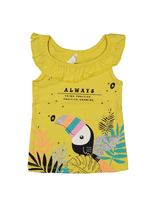 Лятна радост - Детски потник в жълто с апликация на Тукан и листа Лятна радост - Детски потник в жълто с апликация на Тукан и листа