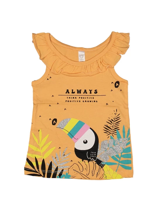 Цветна енергия - Детски потник в оранжево с апликация на Тукан и листа Цветна енергия - Детски потник в оранжево с апликация на Тукан и листа