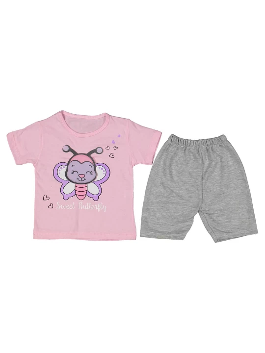 Удобство и сладост - Бебешки летен комплект за момиче от 2 части в розово и светло сиво Удобство и сладост - Бебешки летен комплект за момиче от 2 части в розово и светло сиво