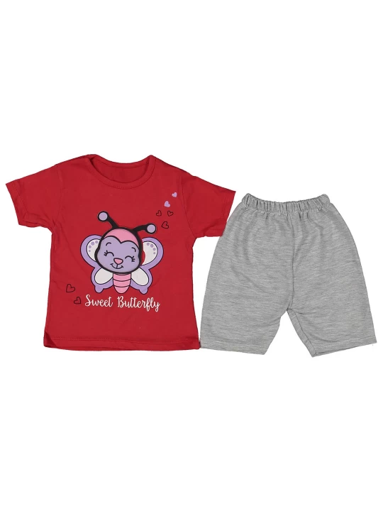 Стил и удобство - Бебешки летен комплект за момиче от 2 части в червено и светло сиво Стил и удобство - Бебешки летен комплект за момиче от 2 части в червено и светло сиво