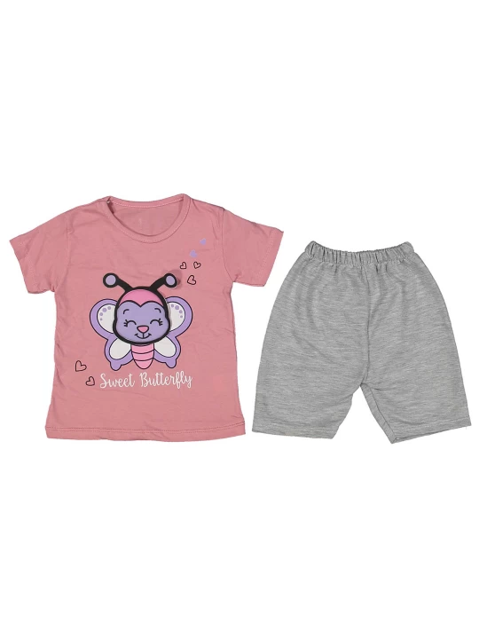 Изящен бебешки летен комплект за момиче - Тениска в тъмно розово и светло сиви панталонки Изящен бебешки летен комплект за момиче - Тениска в тъмно розово и светло сиви панталонки