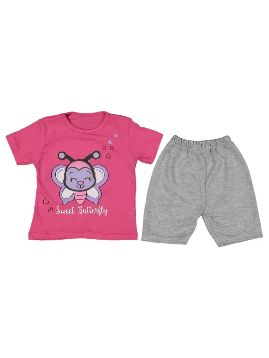 Чаровен бебешки летен комплект за момиче - Тениска в цикламено и светло сиви панталонки Чаровен бебешки летен комплект за момиче - Тениска в цикламено и светло сиви панталонки