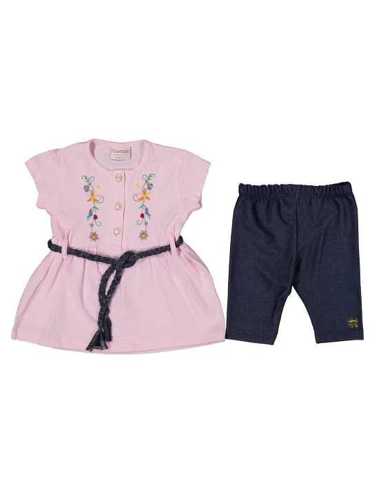 Страхотен бебешки летен комплект за момиче - Туника в розово с цветни детайли и изчистен тъмен клин Страхотен бебешки летен комплект за момиче - Туника в розово с цветни детайли и изчистен тъмен клин