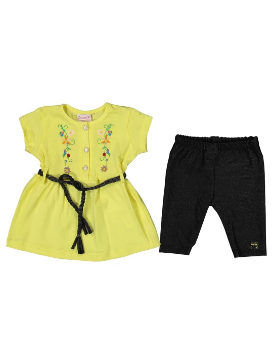 Слънчев бебешки летен комплект за момиче - Туника в жълто с цветни детайли и изчистен тъмен клин Слънчев бебешки летен комплект за момиче - Туника в жълто с цветни детайли и изчистен тъмен клин