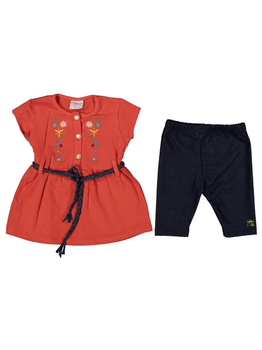 Жизнерадостен бебешки летен комплект за момиче - Червена туника с цветни детайли и изчистен тъмен клин Жизнерадостен бебешки летен комплект за момиче - Червена туника с цветни детайли и изчистен тъмен клин