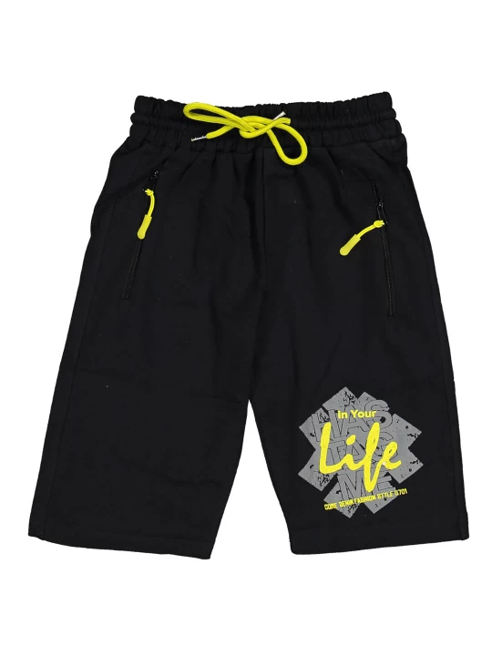 Детски къси летни панталонки за момче - Черно и жълто със сива апликация Детски къси летни панталонки за момче - Черно и жълто със сива апликация