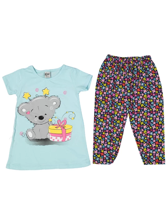 Свежест и игривост: Детски летен комплект с апликация на коала и цветни клинчета Свежест и игривост: Детски летен комплект с апликация на коала и цветни клинчета