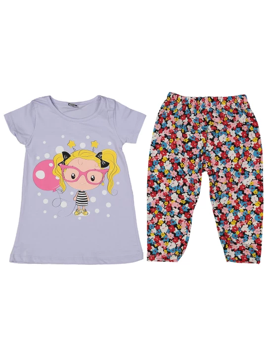 Магическа виолетова принцеса: Детски летен комплект с момиченце, балон и цветни цветя Магическа виолетова принцеса: Детски летен комплект с момиченце, балон и цветни цветя