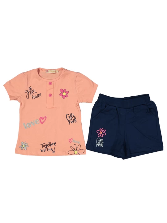 Стилен летен комплект за момиче - Кремава тениска с цветя и надписи, тъмносини къси панталонки с картинка на цвете Стилен летен комплект за момиче - Кремава тениска с цветя и надписи, тъмносини къси панталонки с картинка на цвете