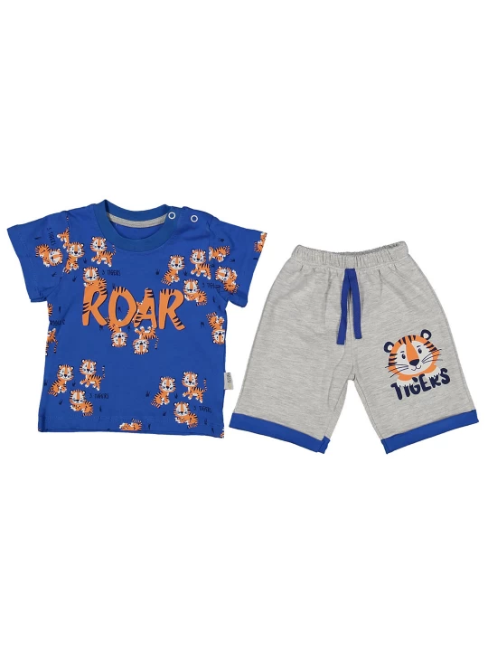 Игрив бебешки летен комплект за момче - тигри и модерен стил в синьо и сиво