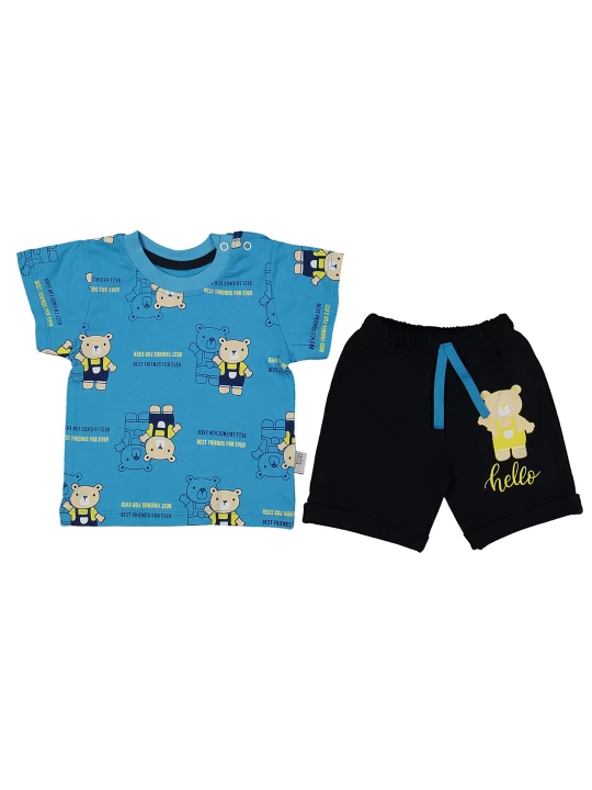 Евтина мекота - Бебешки комплект за момче с синя тениска Евтина мекота - Бебешки комплект за момче с синя тениска