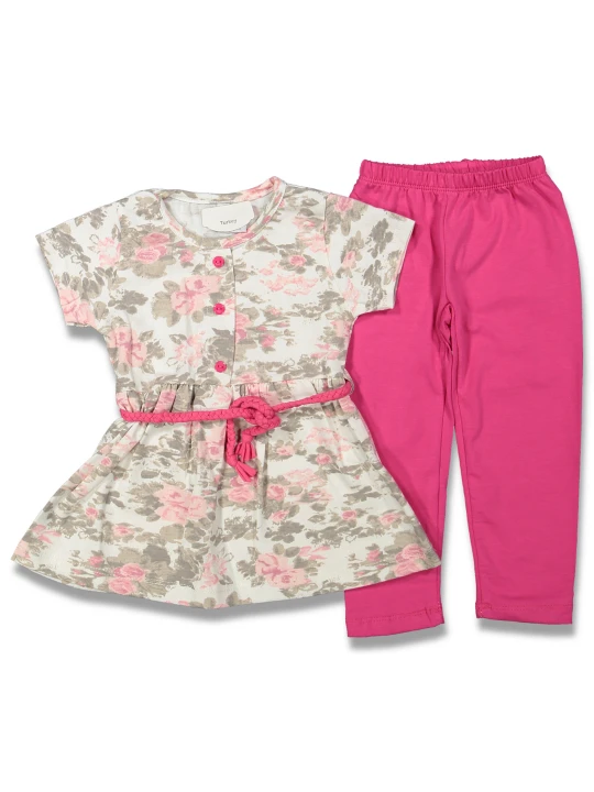 Детски летен комплект за момиче от 2 части - Розички и цикламен клин