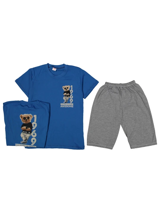 Детски летен комплект за момче - тениска и панталонки в синьо и сиво Детски летен комплект за момче - тениска и панталонки в синьо и сиво