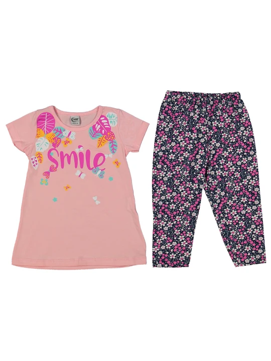 Детски летен комплект за момиче в розово с надпис Детски летен комплект за момиче в розово с надпис
