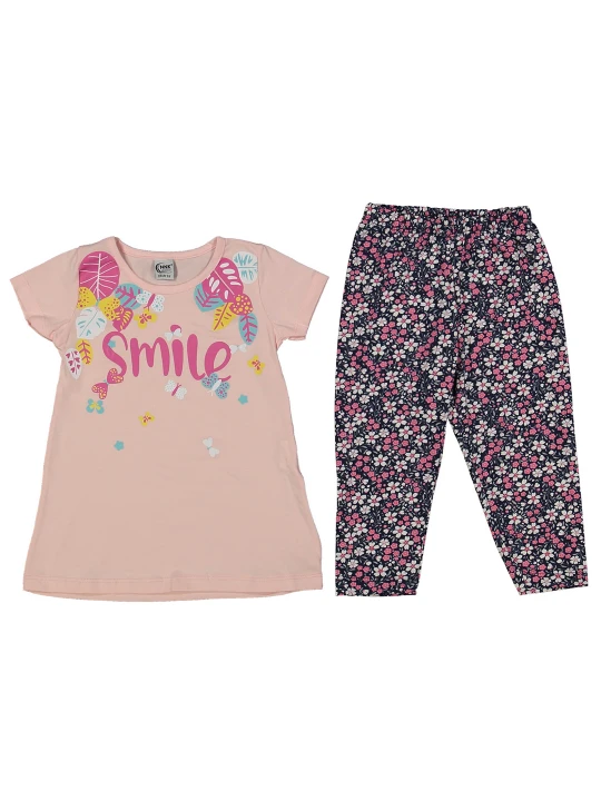 Детски летен комплект за момиче в кремаво с надпис Smile Детски летен комплект за момиче в кремаво с надпис Smile