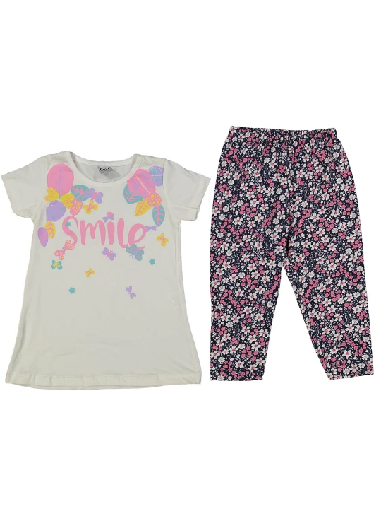 Детски летен комплект за момиче в бяло с надпис 'Smile' Детски летен комплект за момиче в бяло с надпис 'Smile'