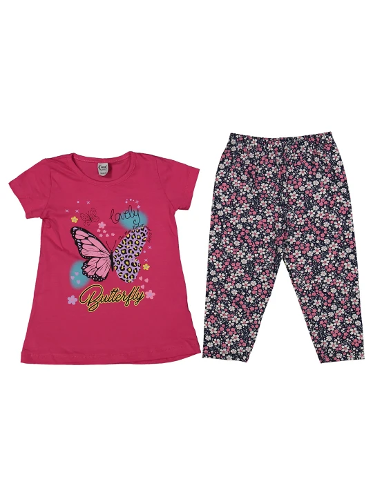 Детски летен комплект в цикламено с пеперуда Детски летен комплект в цикламено с пеперуда