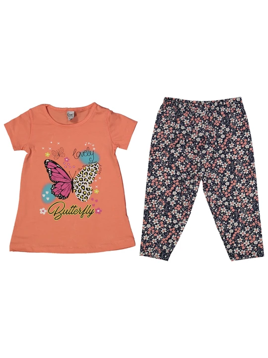 Детски летен комплект за момиче в оранжево с апликация на пеперуда Детски летен комплект за момиче в оранжево с апликация на пеперуда