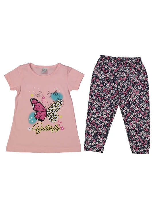 Детски летен комплект за момиче в розово с апликация на пеперуда Детски летен комплект за момиче в розово с апликация на пеперуда
