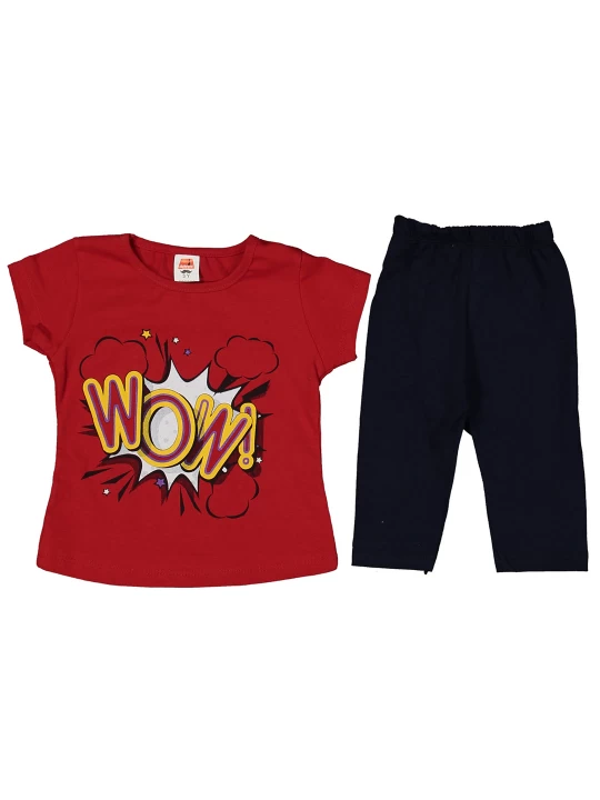 Детски летен комплект за момиче в червено и надпис WOW Детски летен комплект за момиче в червено и надпис WOW