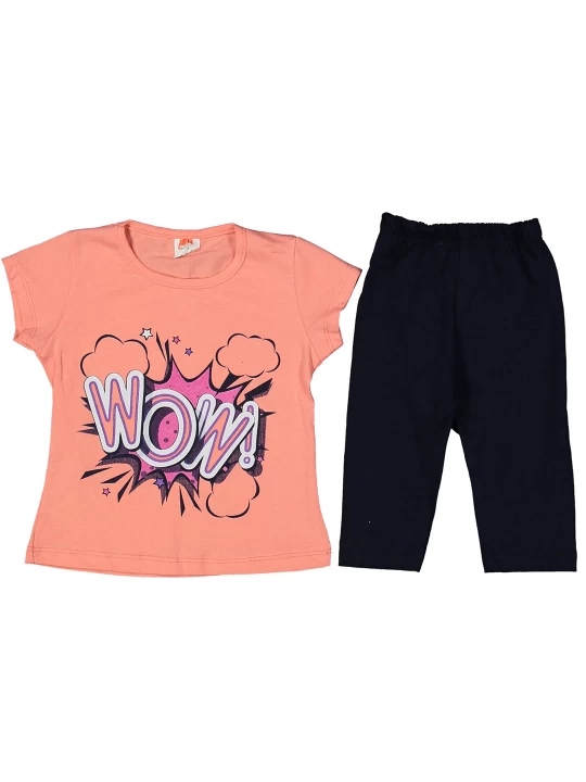 Летен детски комплект за момиче с надпис WOW оранжево Летен детски комплект за момиче с надпис WOW оранжево