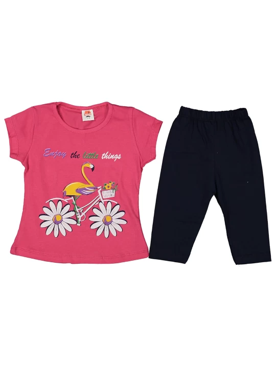Детски летен комплект за момиче с фламинго на колело в циклама Детски летен комплект за момиче с фламинго на колело в циклама