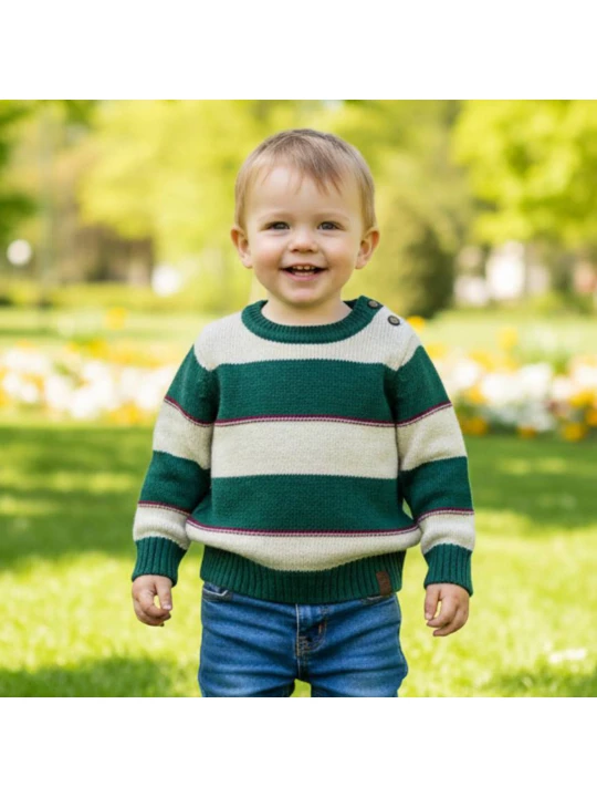 Детски Плетен Пуловер с Широки Райета Детски Плетен Пуловер с Широки Райета