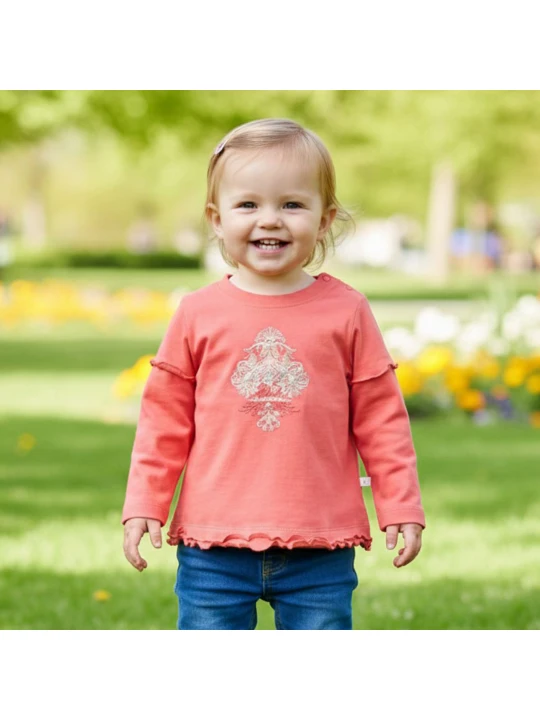 "Коралова Красота" - Бебешка Блуза за Момиче с Елегантен Орнамент "Коралова Красота" - Бебешка Блуза за Момиче с Елегантен Орнамент