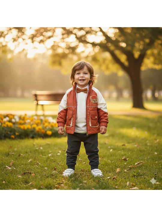 Бебешки Комплект "Медена Забава" - Яке и Панталони в Теракота и Сиво - 3 Части Бебешки Комплект "Медена Забава" - Яке и Панталони в Теракота и Сиво - 3 Части