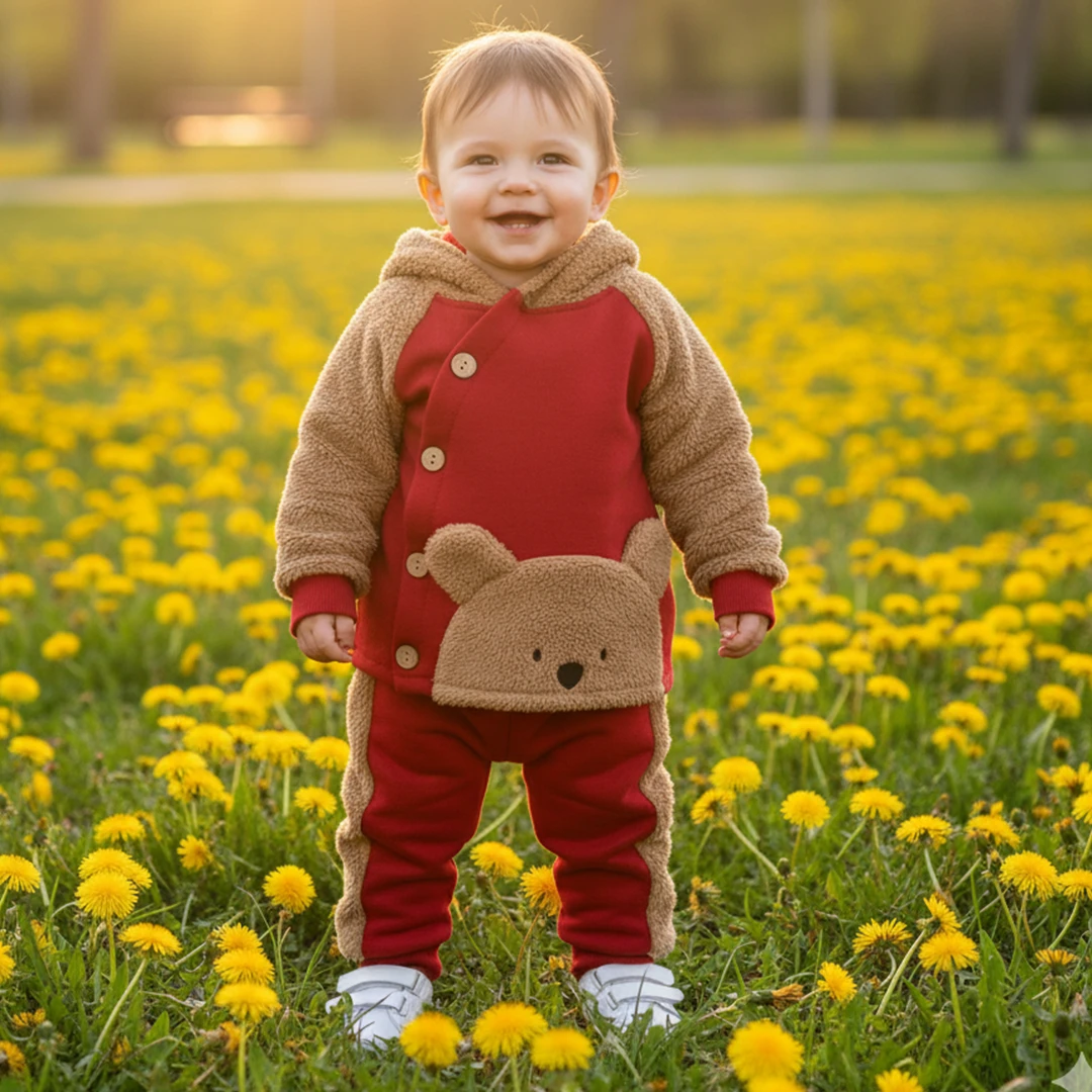 Елегантен Луксозен Ватиран Комплект за Бебе в Кафяво и Червено