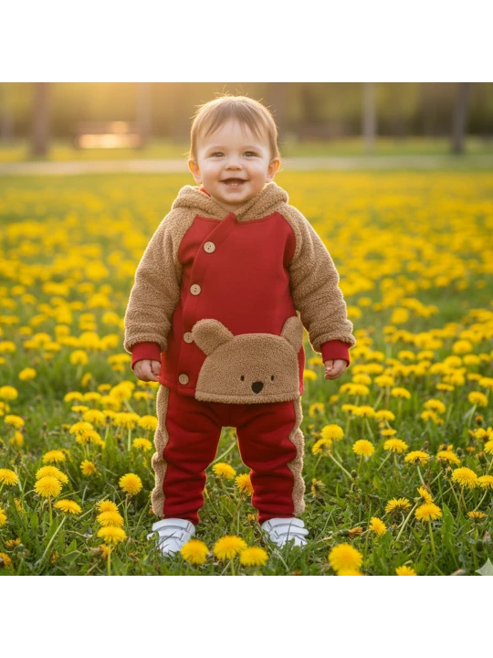 Елегантен Луксозен Ватиран Комплект за Бебе в Кафяво и Червено
