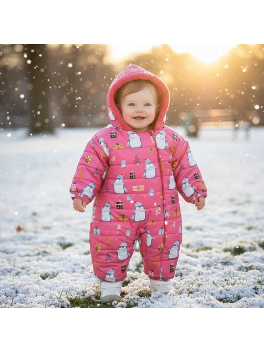 Бонбонен Ватиран Космонавт за Момиче с Пингвинчета и Топъл Каракул Бонбонен Ватиран Космонавт за Момиче с Пингвинчета и Топъл Каракул