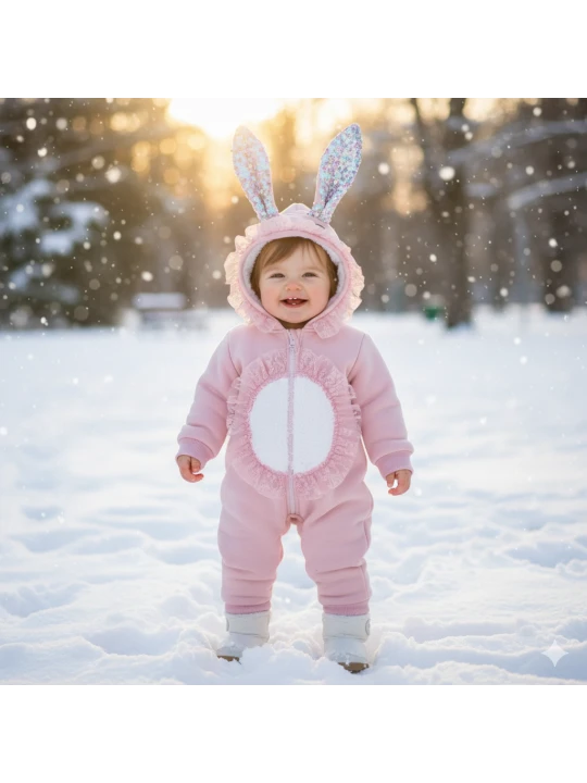 Луксозен Ватиран Памучен Гащеризон за Малки Принцеси в Розово с Уши и Пайети Луксозен Ватиран Памучен Гащеризон за Малки Принцеси в Розово с Уши и Пайети