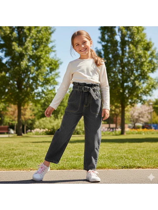 Елегантни Дънки с Ръбест Пояс и Колан за Момичета Елегантни Дънки с Ръбест Пояс и Колан за Момичета