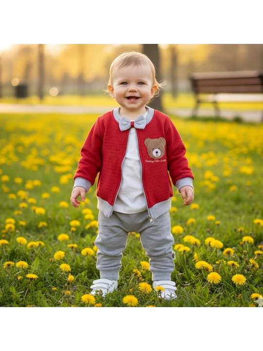 Бебешки Комплект "Червено Веселие" с Кардиган и Панталони - 3 Части Бебешки Комплект "Червено Веселие" с Кардиган и Панталони - 3 Части