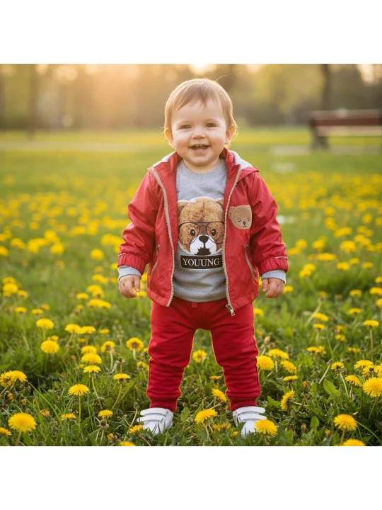 Бебешки Комплект "Червено Веселие" за Момче - 3 Части Бебешки Комплект "Червено Веселие" за Момче - 3 Части