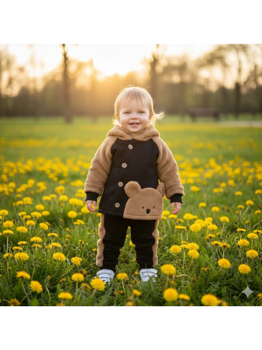 Елегантен Луксозен Ватиран Комплект за Бебе в Кафяво и Черно Елегантен Луксозен Ватиран Комплект за Бебе в Кафяво и Черно